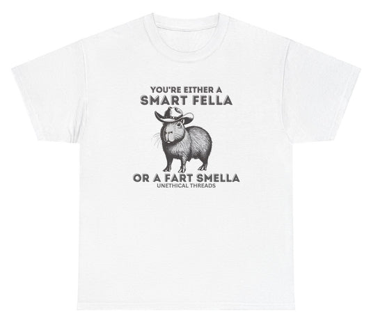 Funny "You’re Either A Smart Fella Or A Fart Smella" shirt featuring a capybara graphic and clever wordplay. Perfect for casual wear and gag gifts.

