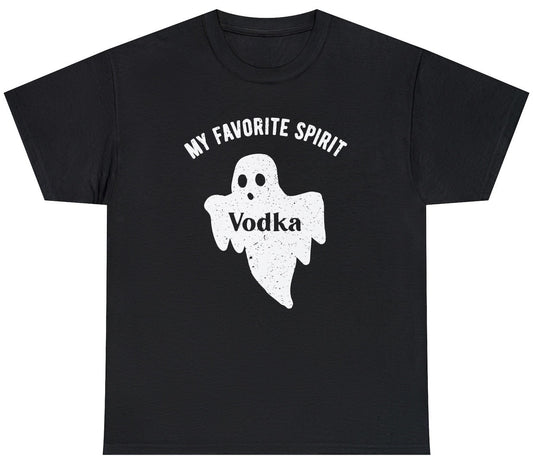 "Funny 'My Favorite Spirit Vodka' tee featuring Halloween humor and drinking-themed design, perfect for fans of witty and festive jokes."

