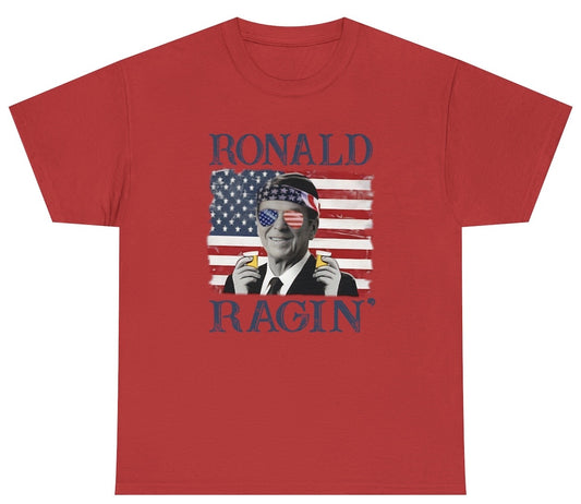 Funny Ronald Ragin T-Shirt featuring humorous Ronald Reagan design, perfect for political satire and patriotic humor lovers.

