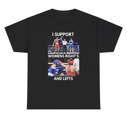 Funny "I Support Womens Rights And Lefts" t shirt with a graphic of a woman throwing a left hook. Great for fans of feminist humor, wordplay, and gag gifts. Ideal for casual wear or as a bold statement piece.

