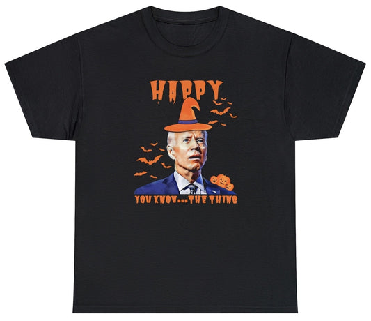 "Funny 'Happy The Thing' t-shirt featuring Halloween humor and political jokes about Joe Biden and Trump, perfect for fans of witty and sarcastic designs."

