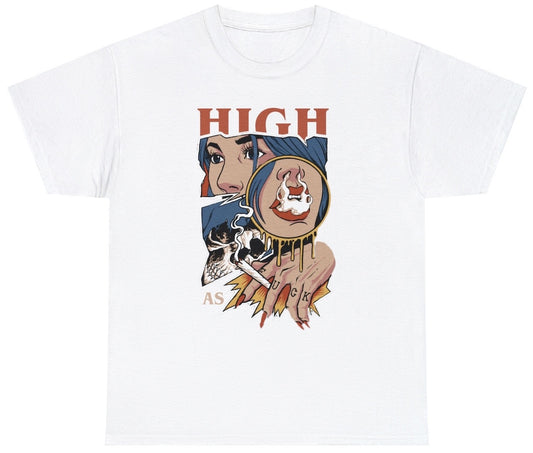 "Bold 'High As Fuck' t-shirt featuring weed smoking and 420 humor, perfect for fans of cannabis culture and rebellious designs."

