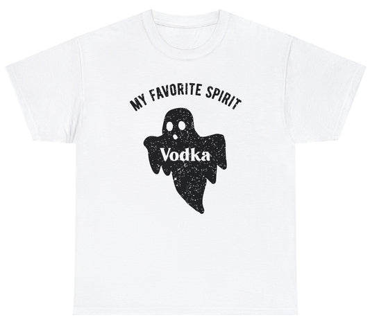 "Funny 'My Favorite Spirit Vodka' tee featuring Halloween humor and drinking-themed design, perfect for fans of witty and festive jokes."

