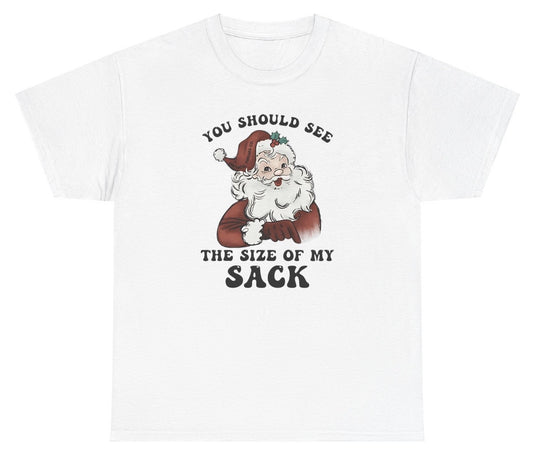 Funny "You Should See The Size Of My Sack" Santa shirt featuring cheeky holiday humor with a playful Santa graphic. Great for casual wear, parties, and gag gifts.