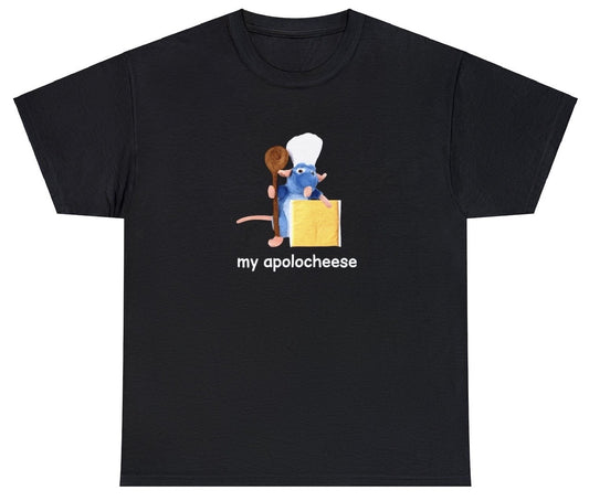 "Playful 'My Apolocheese' t-shirt, perfect for pun lovers and cheese enthusiasts. Great for casual wear and parties."

