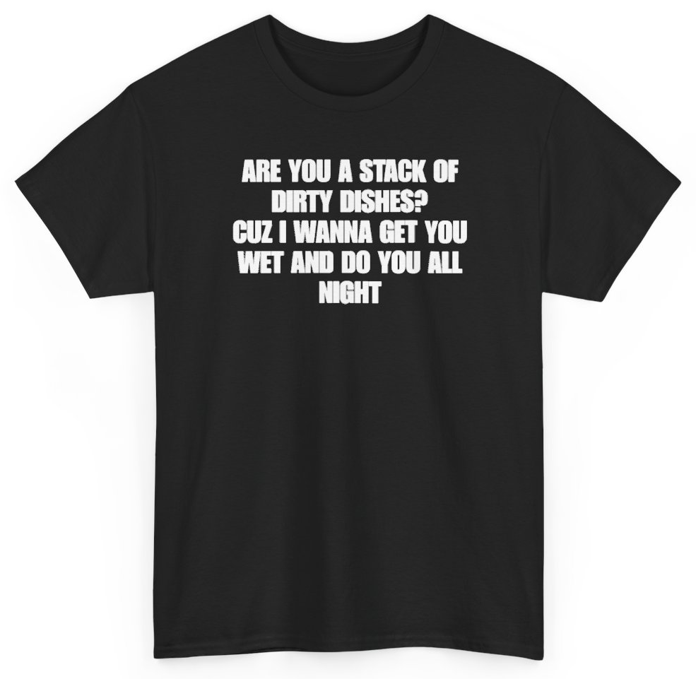 Funny Are You A Stack Of Dirty Dishes Cuz I Wanna Get You Wet And Do You All Night T-Shirt featuring bold sarcastic humor and graphic design, perfect for casual wear and humor lovers