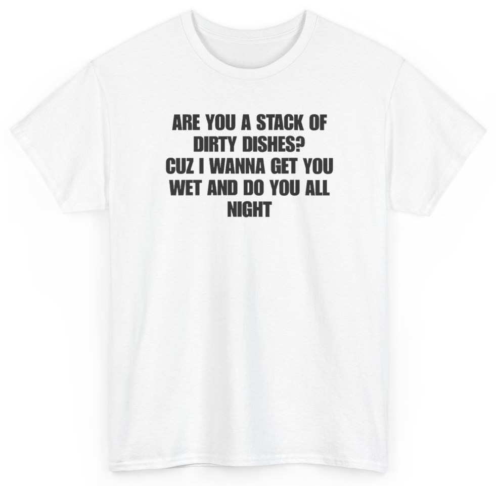 Funny Are You A Stack Of Dirty Dishes Cuz I Wanna Get You Wet And Do You All Night T-Shirt featuring bold sarcastic humor and graphic design, perfect for casual wear and humor lovers
