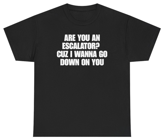 Funny Are You An Escalator Cuz I Wanna Go Down On You T-Shirt featuring bold sarcastic humor and graphic design, perfect for casual wear and humor lovers