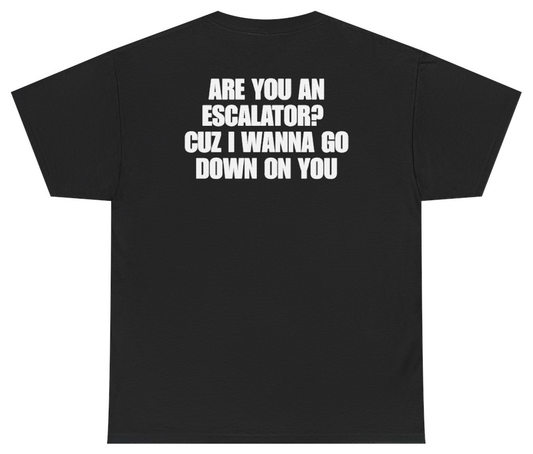 Funny Are You An Escalator Cuz I Wanna Go Down On You (BACKPRINT) T-Shirt featuring bold sarcastic humor and graphic design, perfect for casual wear and humor lovers
