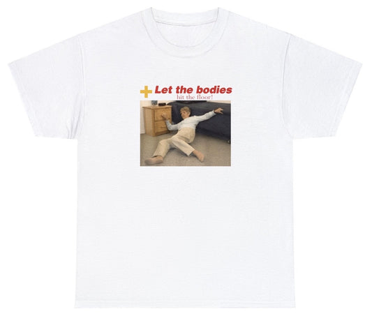 "Bold 'Let The Bodies Hit The Floor' t-shirt, perfect for fans of metal music and rebellious fashion. Ideal for casual wear and concerts."

