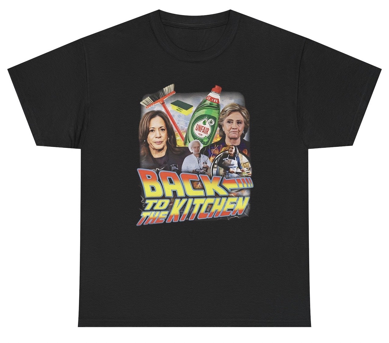 Black T-shirt with bold text reading 'Back To The Kitchen' featuring caricatures of Kamala Harris and Hillary Clinton, referencing their presidential election losses.
