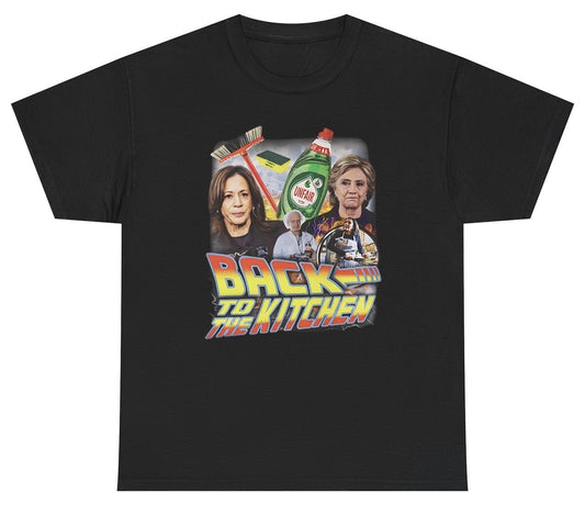 Black T-shirt with bold text reading 'Back To The Kitchen' featuring caricatures of Kamala Harris and Hillary Clinton, referencing their presidential election losses.