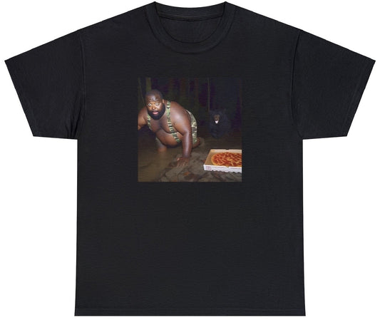 "Funny 'Gumbo Slice Getting Chased By Hungry Bear' t-shirt featuring quirky humor, perfect for fans of bold and playful designs."

