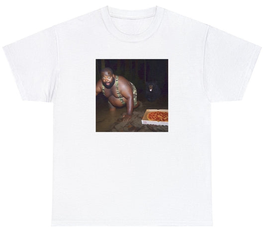 "Funny 'Gumbo Slice Getting Chased By Hungry Bear' t-shirt featuring quirky humor, perfect for fans of bold and playful designs."

