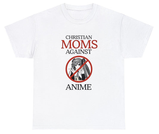 "Satirical 'Christian Moms Against Anime' t-shirt featuring quirky humor, perfect for fans of ironic designs and playful jokes."

