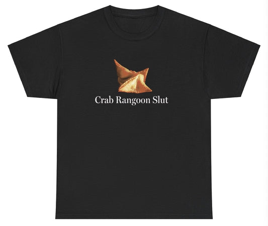 "Cheeky 'Crab Rangoon Slut' t-shirt, perfect for food lovers and humor fans. Great for casual wear and food festivals."

