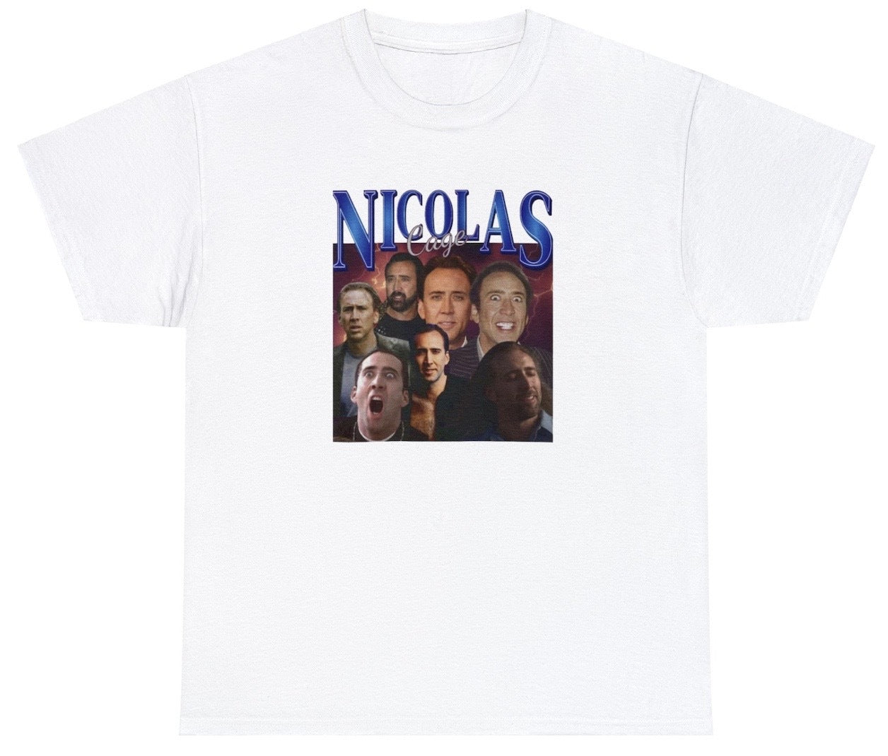 "Retro 'Nicolas Cage 90's Bootleg Rap' t-shirt, perfect for fans of pop culture and nostalgic fashion. Ideal for casual wear and music festivals."

