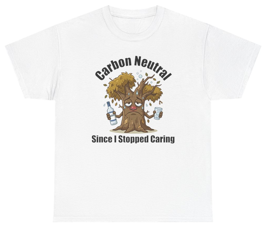 Funny Carbon Neutral Since I Stopped Caring Tee T-Shirt featuring bold sarcastic humor and graphic design, perfect for casual wear and humor lovers