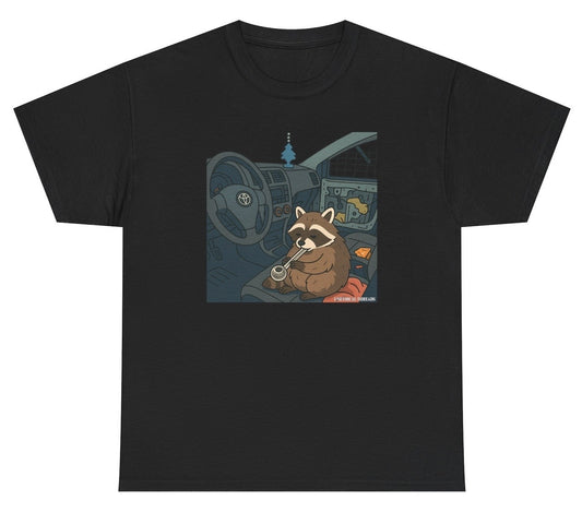 The shirt shows a graphic of Chewy The Raccoon, a raccoon that went viral on the news because it was smoking a meth pipe. 