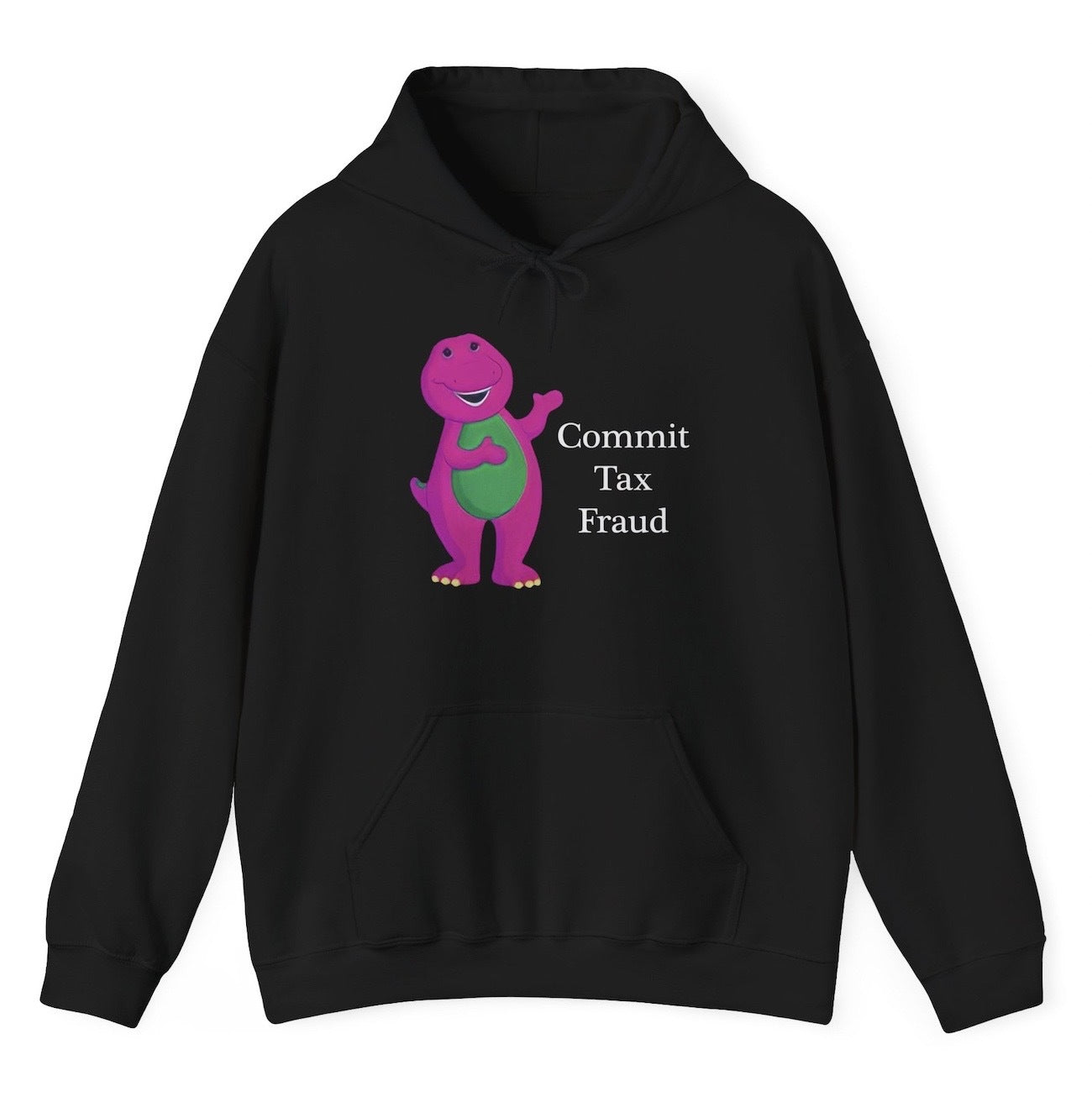 Funny Commit Tax Fraud Barney Hoodie featuring tax evasion humor and meme-inspired design, perfect for men & women casual wear and humor lovers.