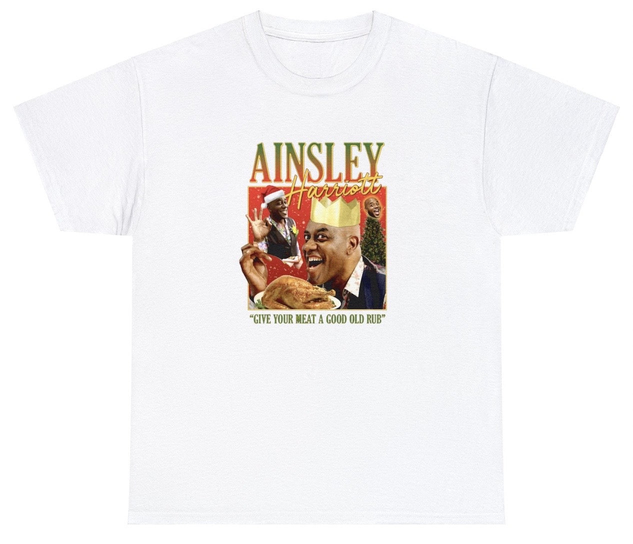 "Playful 'Ainsley Harriott Homage' t-shirt, perfect for fans of iconic chefs and pop culture humor. Ideal for casual wear and cooking show fans."

