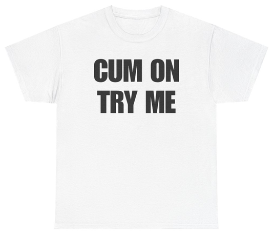 Funny Cum On Try Me Tee T-Shirt featuring bold sarcastic humor and graphic design, perfect for casual wear and humor lovers