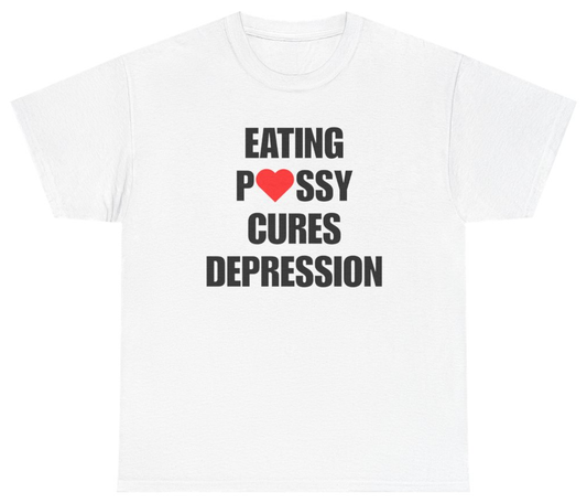 Funny Cures Depression Funny Adult Humor Tee T-Shirt featuring bold sarcastic humor and graphic design, perfect for casual wear and humor lovers