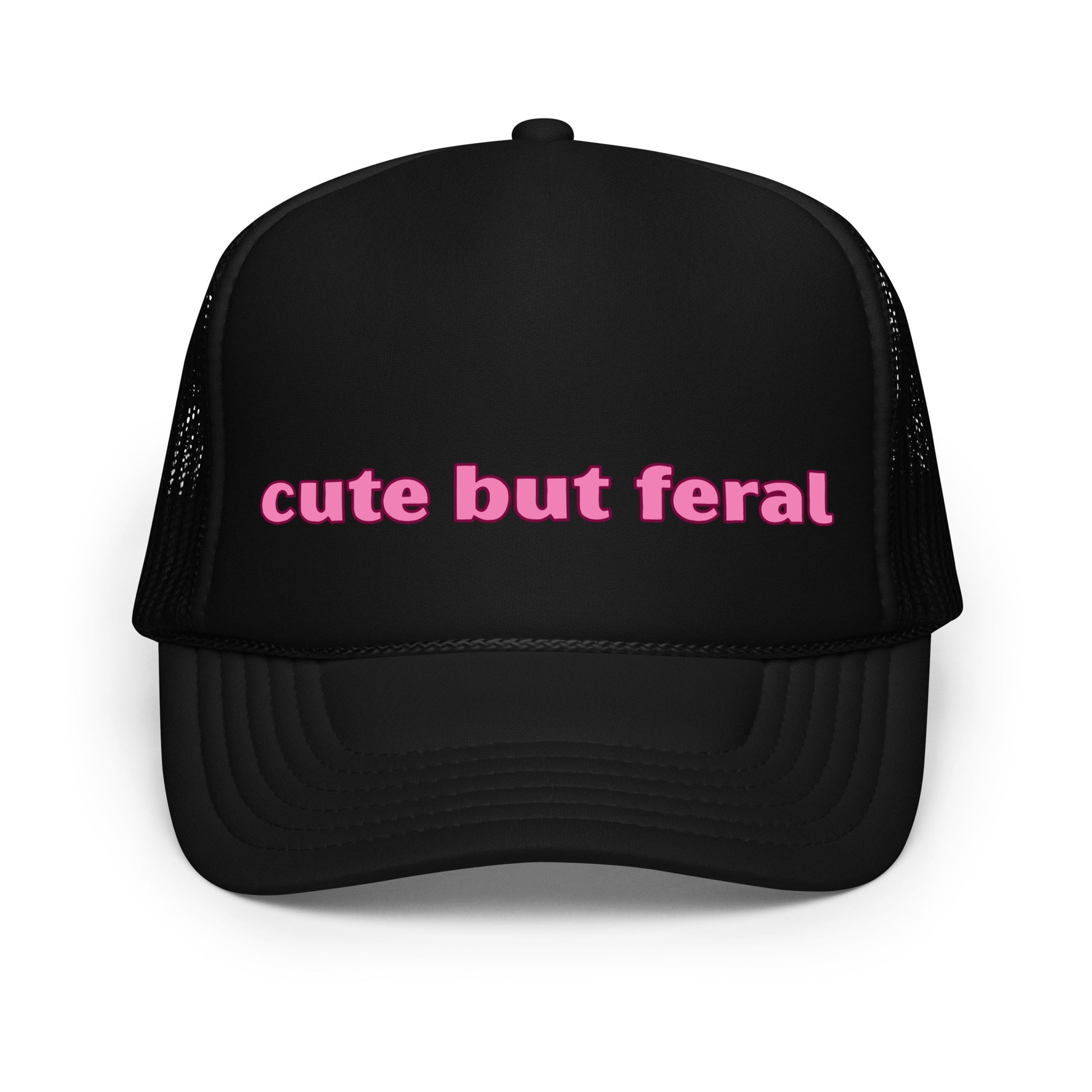 Funny mesh trucker hat for women with bold text that says “Cute But Feral” — a hilarious and inappropriate hat with a wild saying, perfect for girls' nights, festivals, and fans of crazy hats with bold personality.

