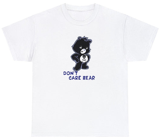 "Playful 'Don’t Care Bear' t-shirt, perfect for fans of sarcastic humor and bold statements. Ideal for casual wear and parties."

