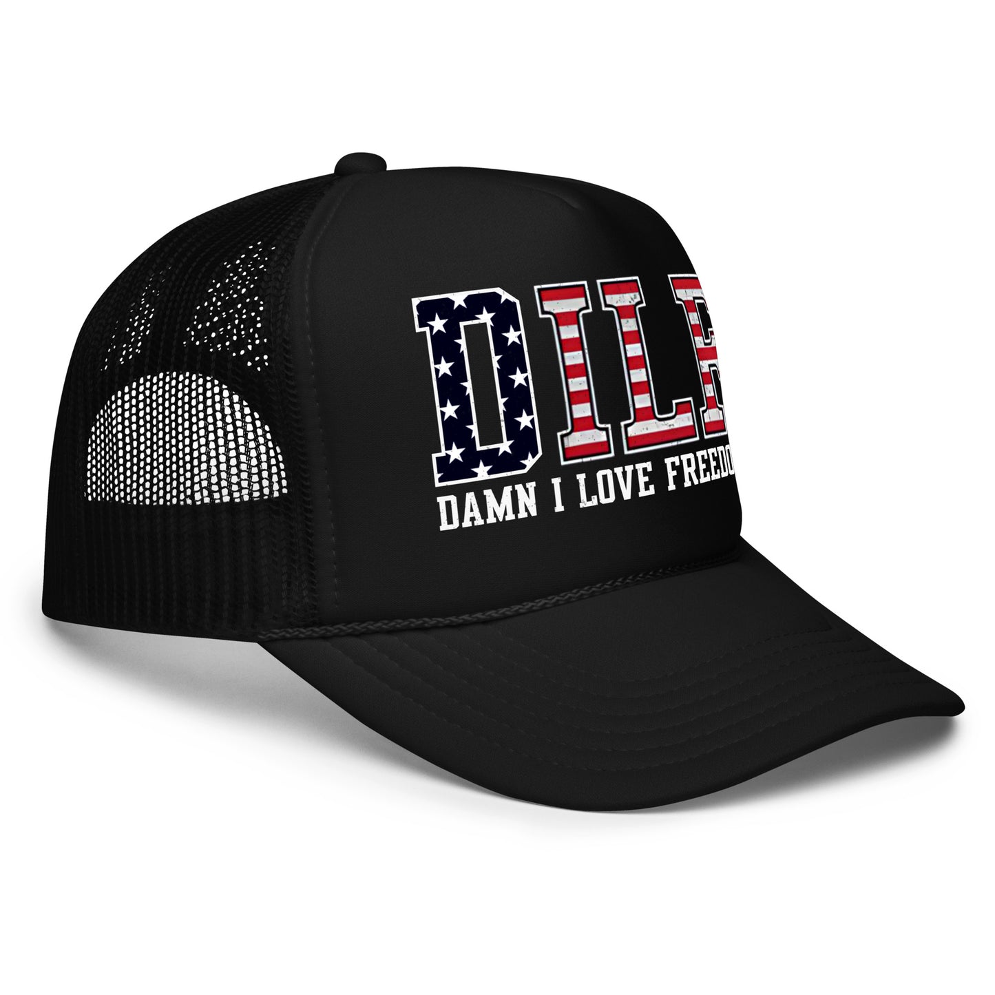 Funny 4th of July trucker hat for men with bold white text that says “DILF Damn I Love Freedom” — a hilarious mesh-back beer hat perfect for patriotic parties, drinking, and guys who love bold sayings and funny hats for men.

