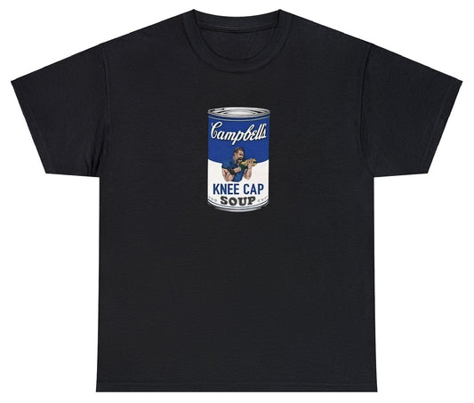 "Playful 'Dan Campbell Kneecap Soup' t-shirt, perfect for football fans and sports humor enthusiasts. Ideal for game day and casual wear."