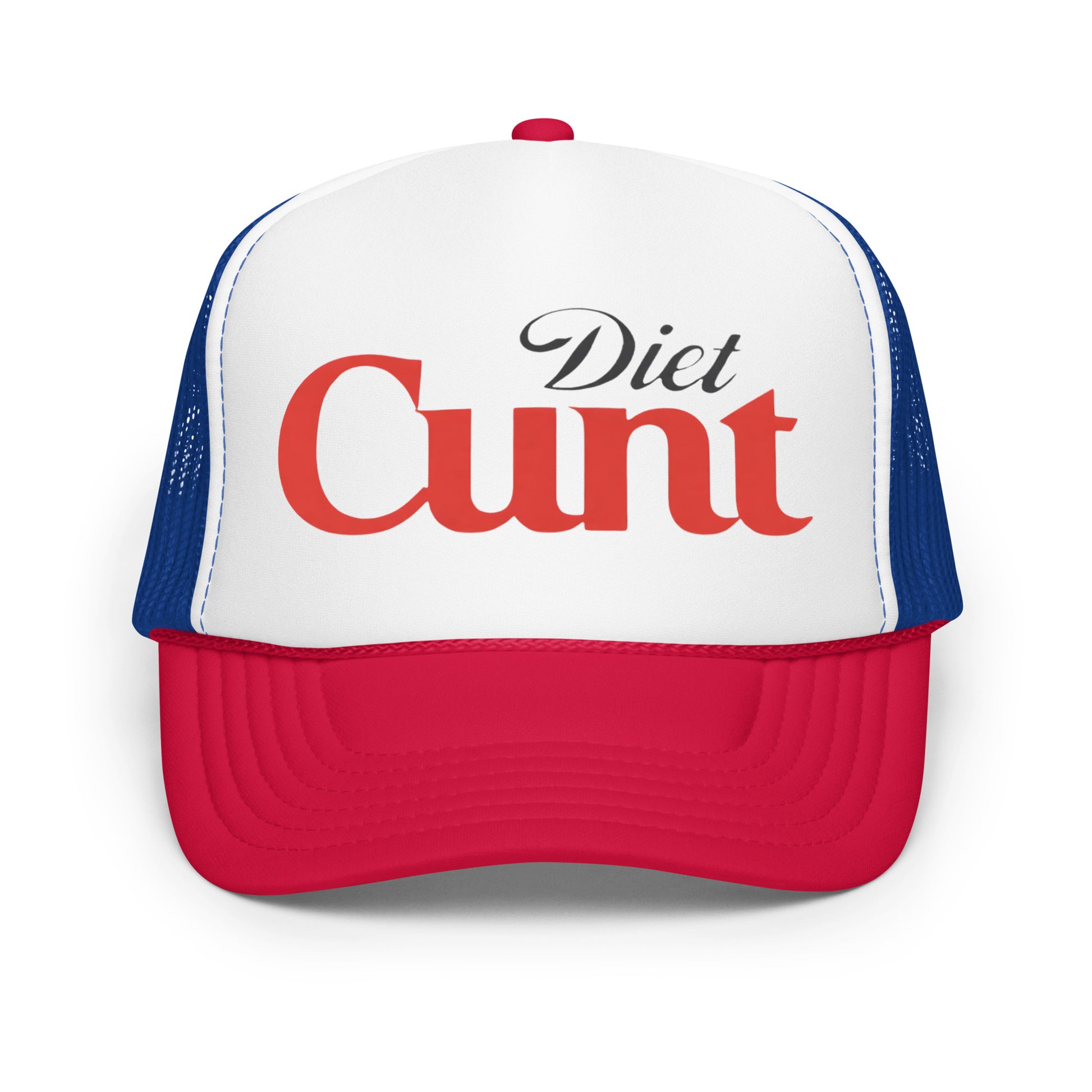 Crazy funny trucker hat for men with bold parody text styled like a soda logo that says “Diet Cunt” — an inappropriate mesh-back hat for fans of offensive humor, hilarious hat sayings, and unhinged party energy.


