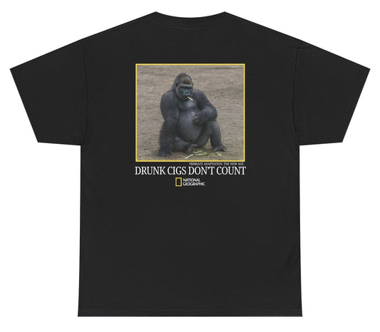 Backprint graphic t shirt featuring a gorilla smoking with the phrase Drunk Cigs Dont Count in parody documentary style
