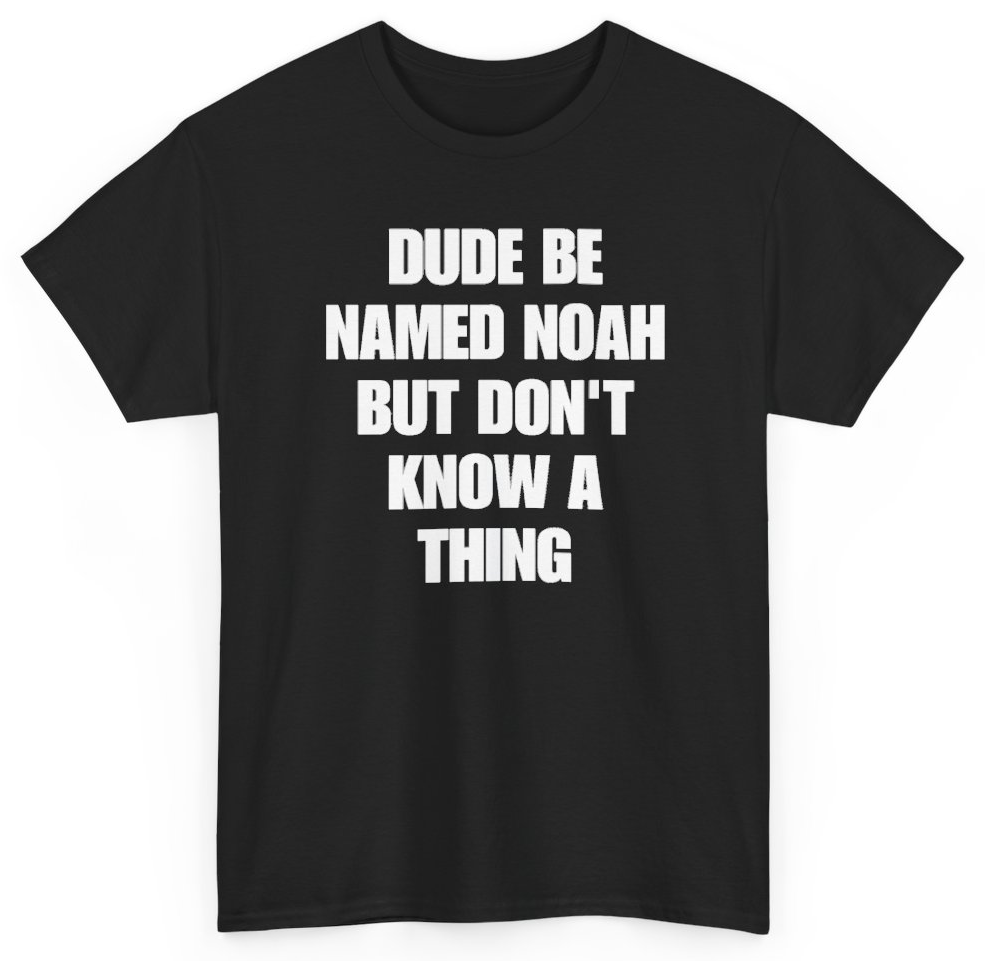 Funny Dude Be Named Noah But Don't Know A Thing T-Shirt featuring bold sarcastic humor and graphic design, perfect for casual wear and humor lovers
