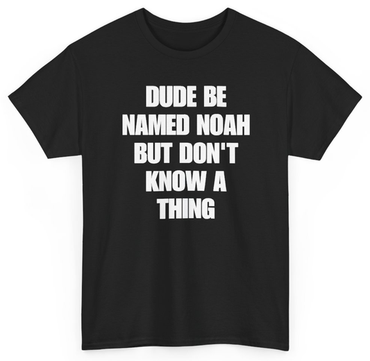 Funny Dude Be Named Noah But Don't Know A Thing T-Shirt featuring bold sarcastic humor and graphic design, perfect for casual wear and humor lovers