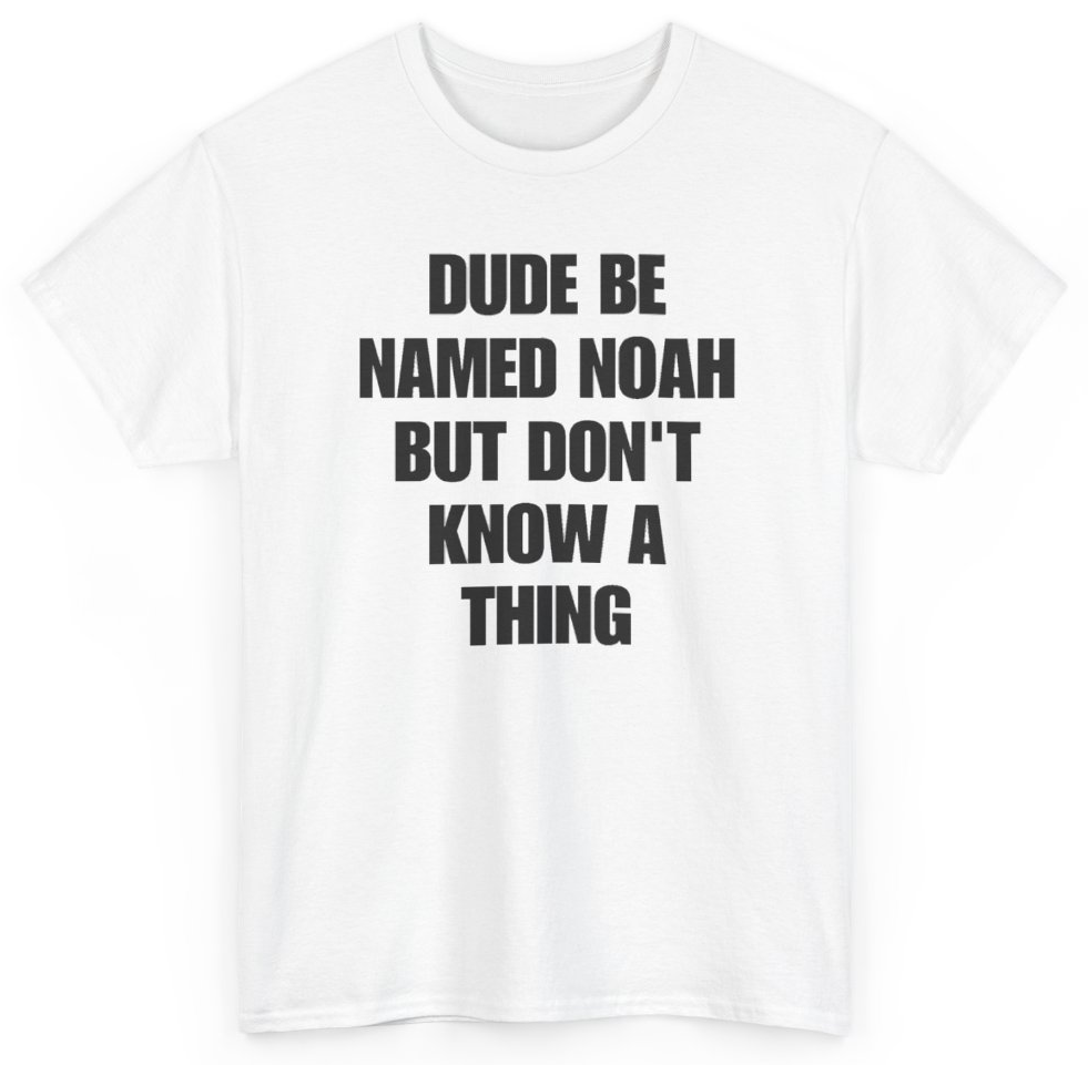 Funny Dude Be Named Noah But Don't Know A Thing T-Shirt featuring bold sarcastic humor and graphic design, perfect for casual wear and humor lovers