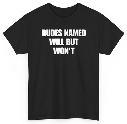 Funny Dudes Named Will But Won't T-Shirt featuring bold sarcastic humor and graphic design, perfect for casual wear and humor lovers