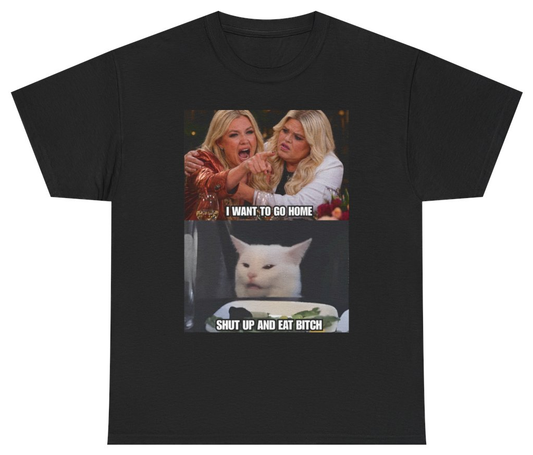 Funny Erika Kirk and Druski "I Want To Go Home" Smudge the Cat Meme Tee T-Shirt featuring bold sarcastic humor and graphic design, perfect for casual wear and humor lovers