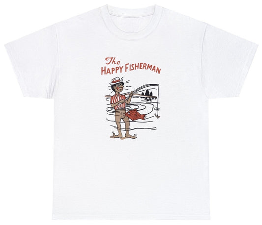 "Cheerful 'The Happy Fisherman' t-shirt, perfect for fans of fishing and outdoor adventures. Ideal for casual wear and fishing trips."

