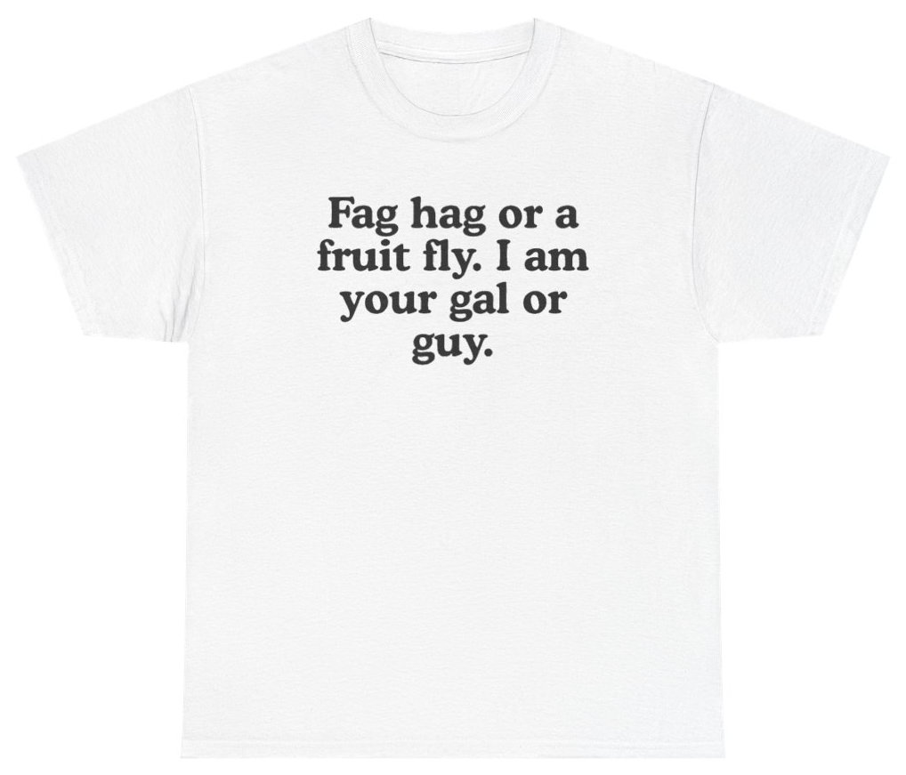 Funny F*g Hag Or Fruit Fly Tee T-Shirt featuring bold sarcastic humor and graphic design, perfect for casual wear and humor lovers
