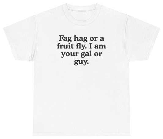 Funny F*g Hag Or Fruit Fly Tee T-Shirt featuring bold sarcastic humor and graphic design, perfect for casual wear and humor lovers