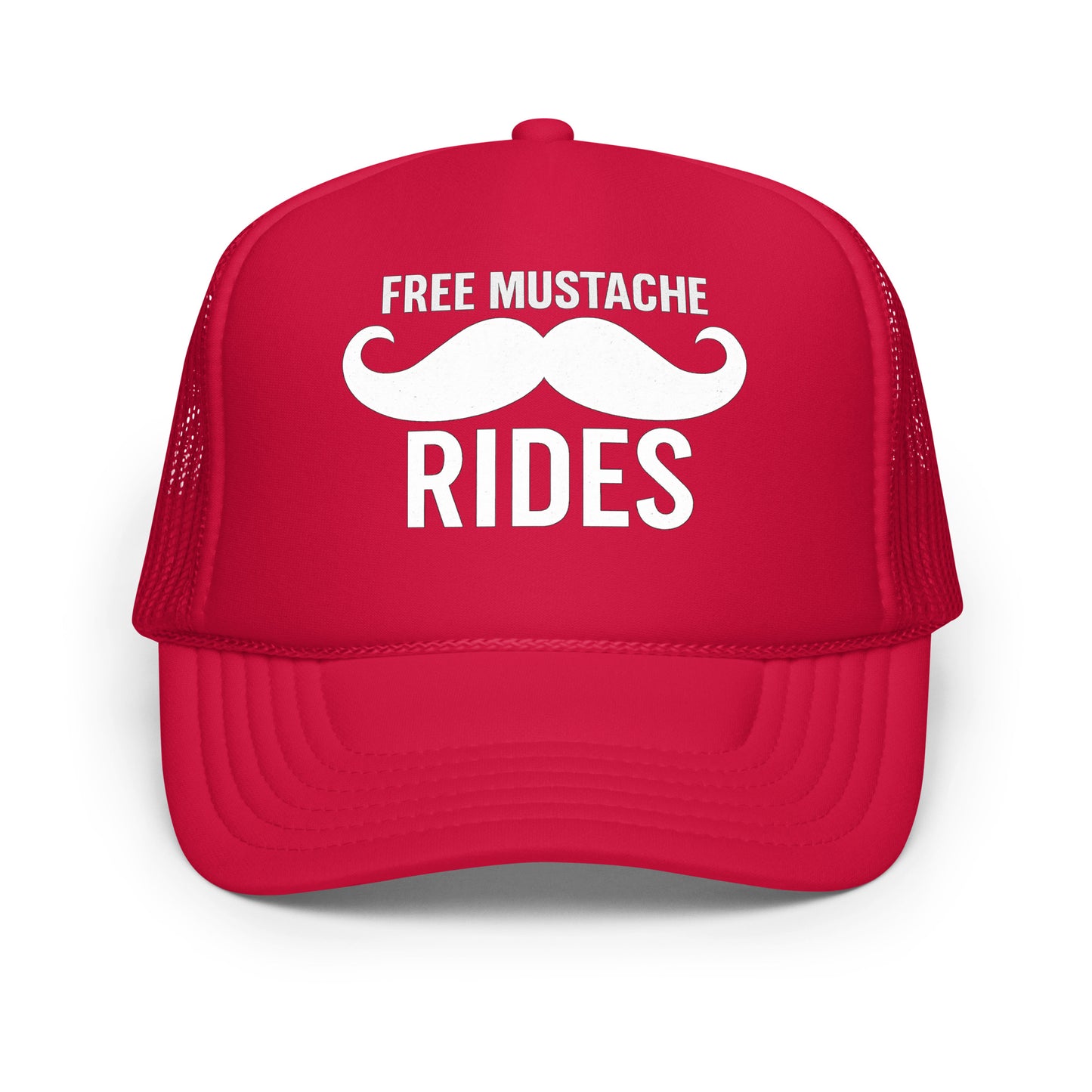 Inappropriate funny mesh trucker hat for men with bold white text reading “Free Mustache Rides” on a red foam front and mesh back — hilarious headwear for parties, bar crawls, or anyone who loves funny hat sayings.