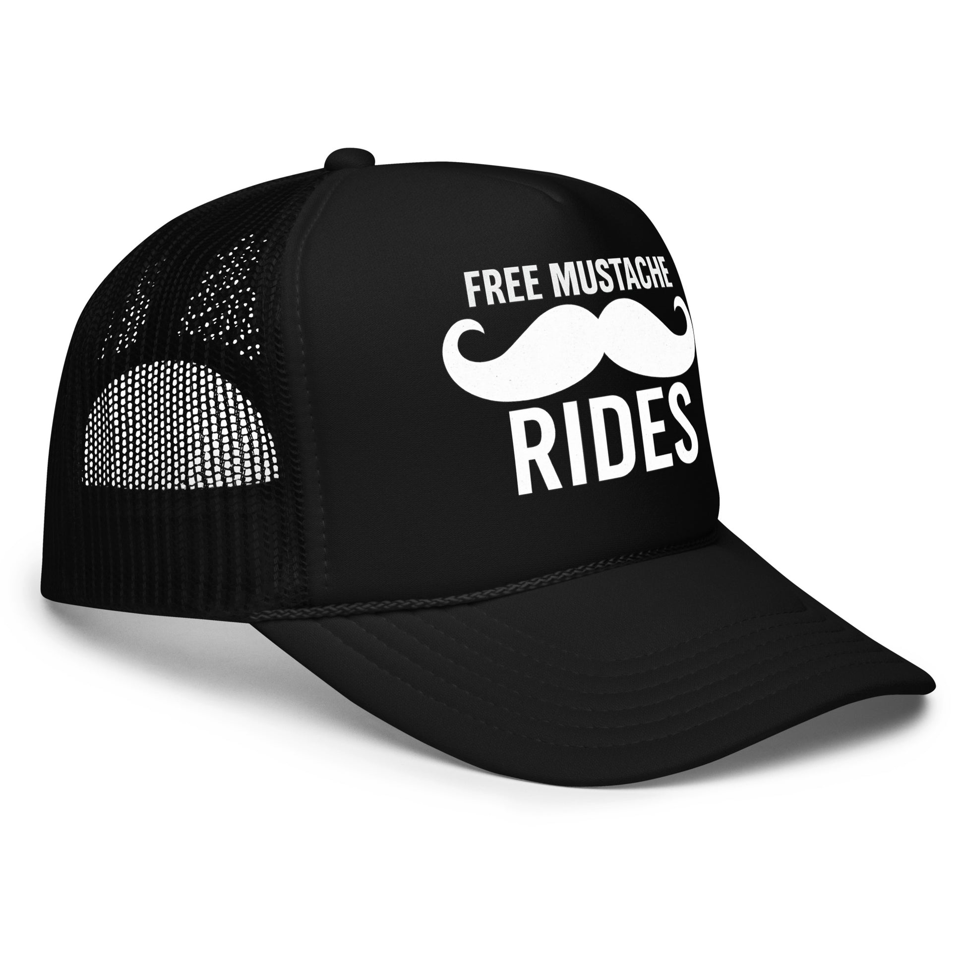 Inappropriate funny mesh trucker hat for men with bold white text reading “Free Mustache Rides” on a black foam front and mesh back — hilarious headwear for parties, bar crawls, or anyone who loves funny hat sayings.

