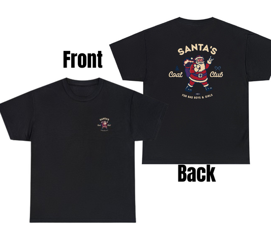 "Playful 'Santa's Coal Club' t-shirt featuring cheeky holiday humor, perfect for fans of naughty Christmas designs."

