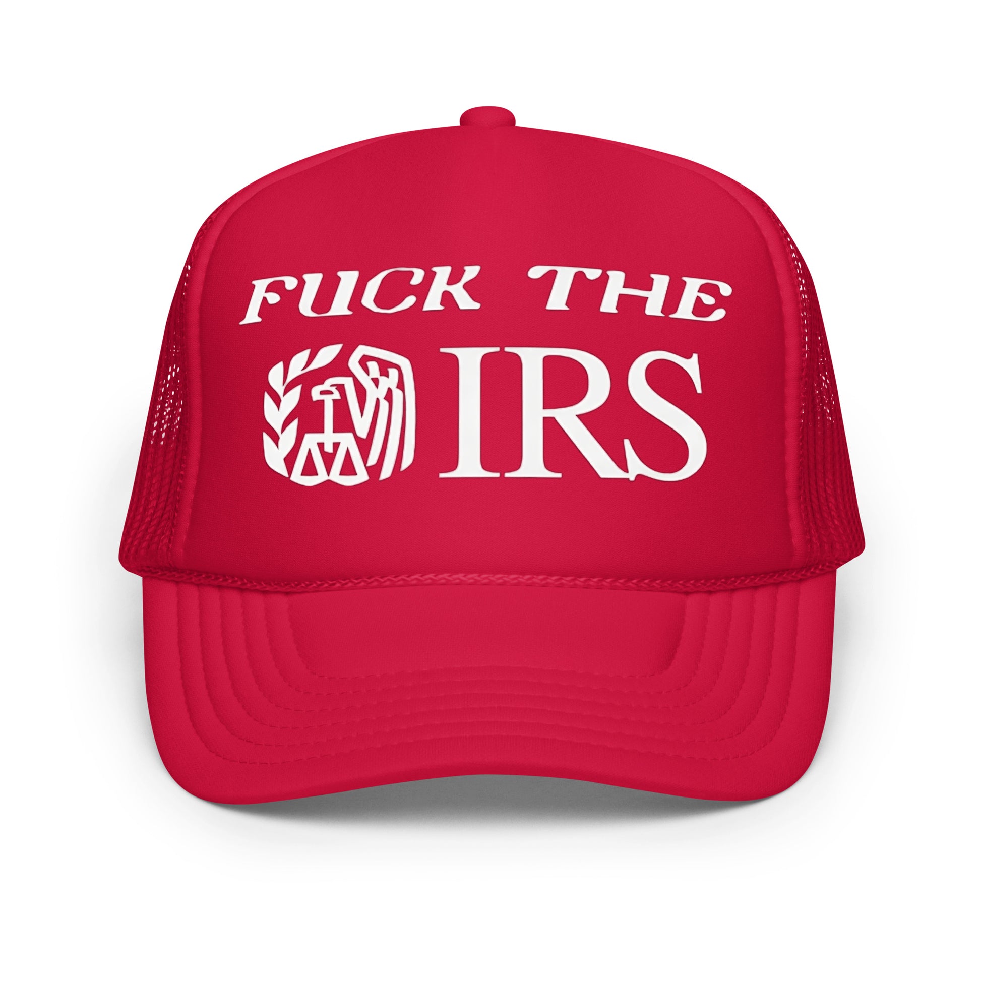 Funny trucker hat for men with bold white text that says “Fuck The IRS” — a crazy mesh-back hat with hilarious tax evasion humor, perfect for rebels, anti-establishment vibes, and fans of outrageous funny hat sayings.


