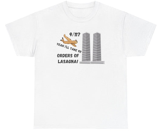 Garfield plane crashing into Twin Towers on funny 9/11 lasagna T-shirt