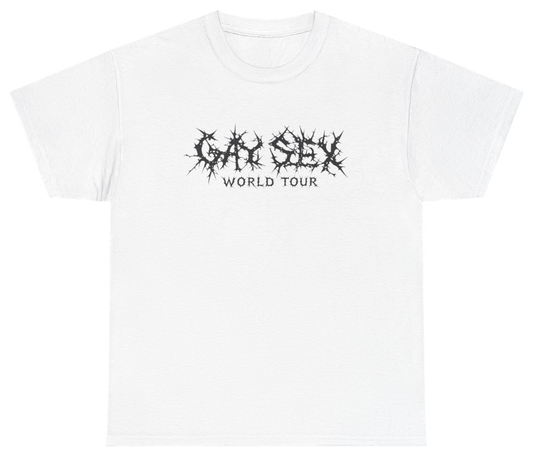 Funny Gay Sex World Tour Funny Death Metal Font Meme Tee T-Shirt featuring bold sarcastic humor and graphic design, perfect for casual wear and humor lovers