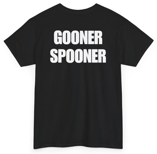 Funny Gooner Spooner (BACKPRINT) T-Shirt featuring bold sarcastic humor and graphic design, perfect for casual wear and humor lovers