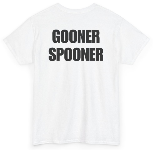 Funny Gooner Spooner (BACKPRINT) T-Shirt featuring bold sarcastic humor and graphic design, perfect for casual wear and humor lovers