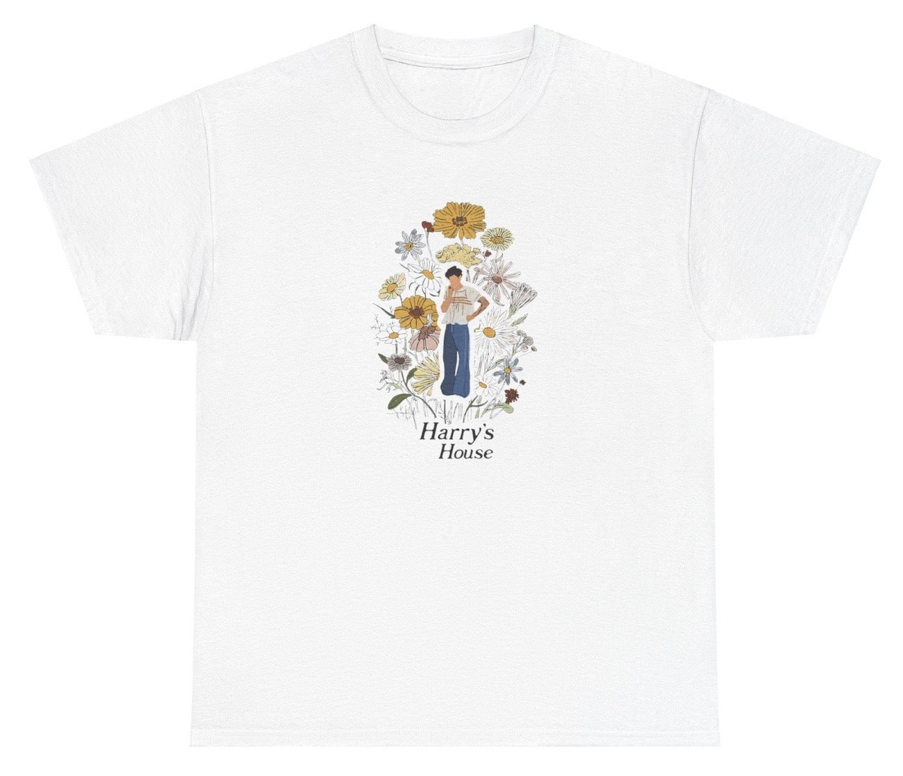 "Stylish 'Harry's House' t-shirt with floral design, perfect for Harry Styles superfans and music lovers. Great for casual wear, concerts, and fan gifts."